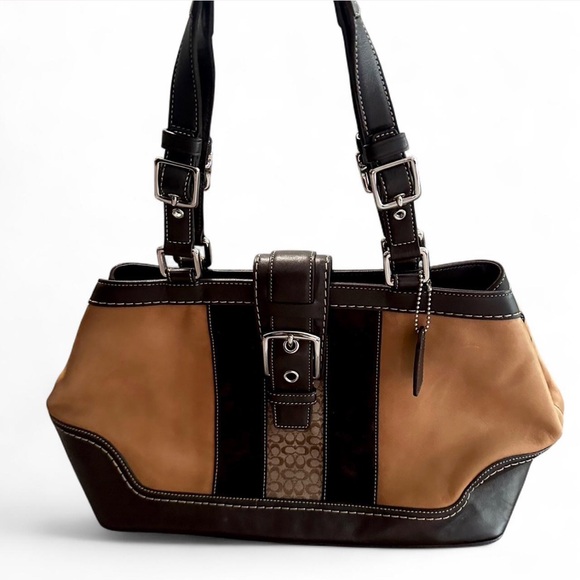 Coach Hamptons Carryall F11345 Brown & Tan Leather Satchel Tote - Picture 2 of 8